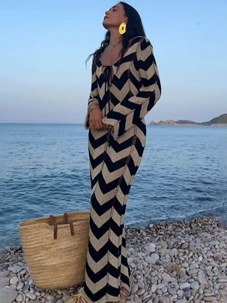Printed Tie-Up Neck Long Sleeves Maxi Dress