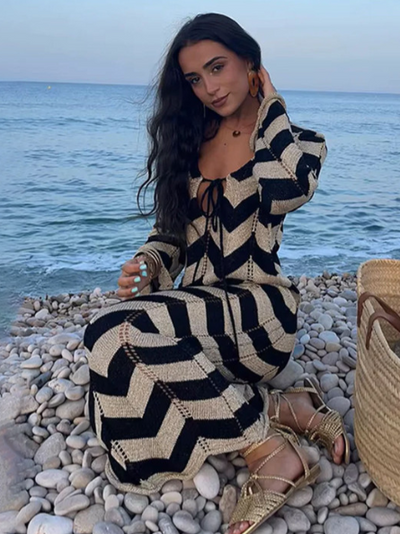 Printed Tie-Up Neck Long Sleeves Maxi Dress