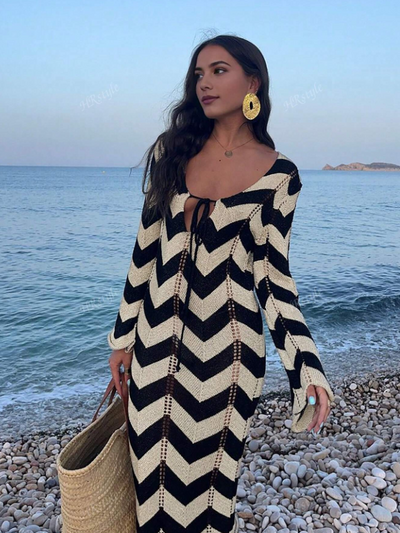 Printed Tie-Up Neck Long Sleeves Maxi Dress