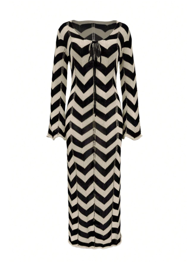 Printed Tie-Up Neck Long Sleeves Maxi Dress