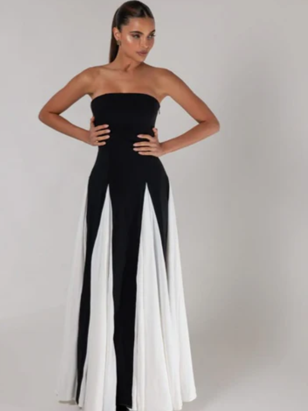 Monochrome Strapless Tube Flared Maxi Dress