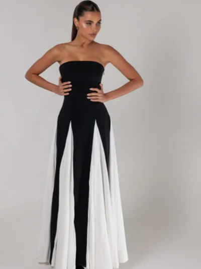 Monochrome Strapless Tube Flared Maxi Dress
