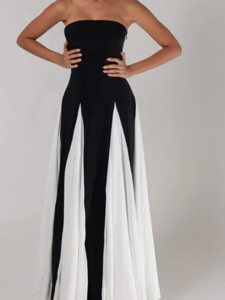 Monochrome Strapless Tube Flared Maxi Dress