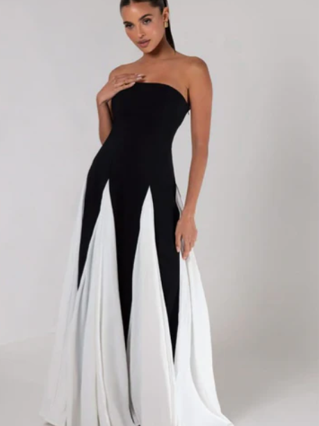 Monochrome Strapless Tube Flared Maxi Dress