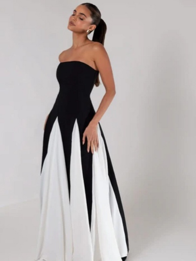 Monochrome Strapless Tube Flared Maxi Dress