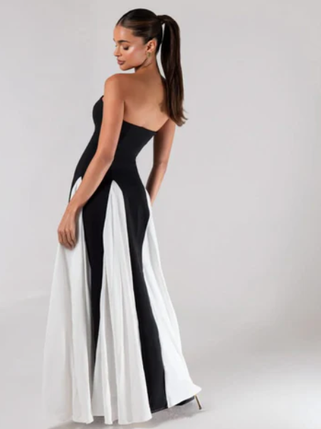 Monochrome Strapless Tube Flared Maxi Dress