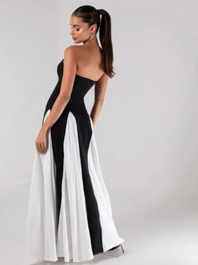 Monochrome Strapless Tube Flared Maxi Dress