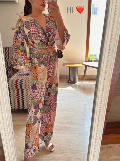 Geometric Print Knot Top & Pants Coord Set