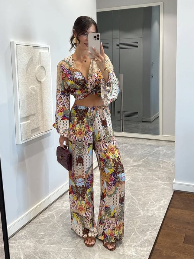 Geometric Print Knot Top & Pants Coord Set