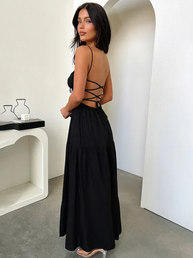 Black Tiered Backless Maxi Dress