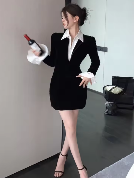 Black Full Sleeves Bodycon Lapel Dress