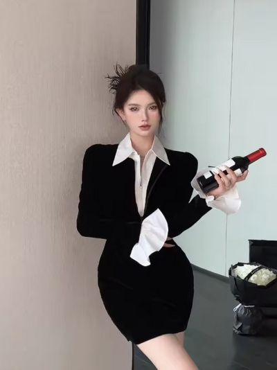 Black Full Sleeves Bodycon Lapel Dress