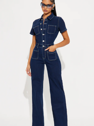 Short Sleeves Denim Jumpsuit
