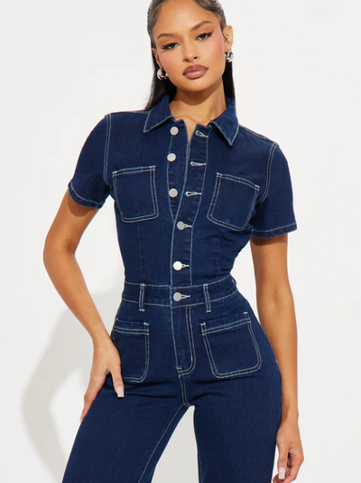 Short Sleeves Denim Jumpsuit