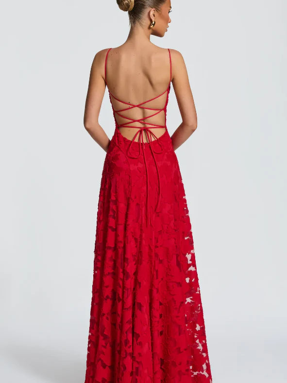 Floral Appliqué Cowl Neck Lace-Up Back Maxi Dress by Exclusives, red lace, on sale