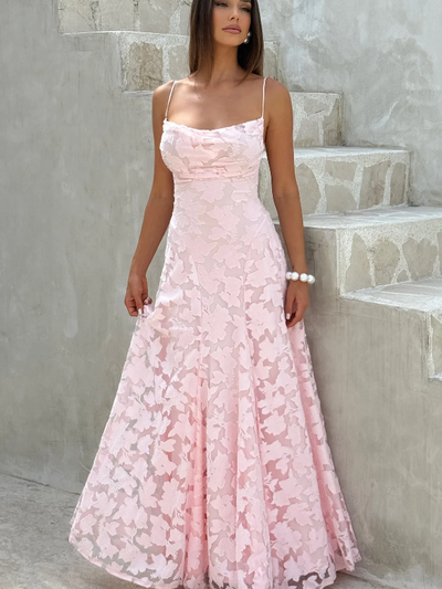 Soft pink floral lace-appliqué maxi dress with thin straps and a cowl neckline, A-line silhouette.
