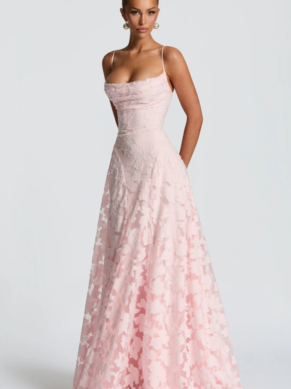 Soft pink floral lace appliqué maxi dress with spaghetti straps, cowl neckline, and flowing A-line skirt.
