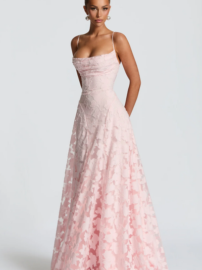 Soft pink floral lace appliqué maxi dress with spaghetti straps, cowl neckline, and flowing A-line skirt.