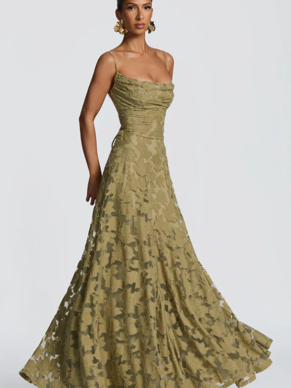 Olive-gold floral appliqué maxi dress with spaghetti straps and a cowl neckline, flowing A-line skirt