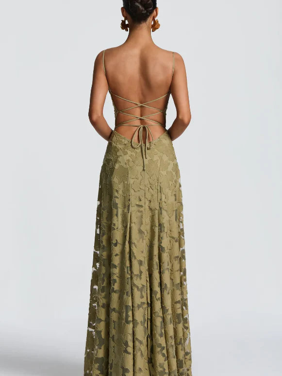 Floral Appliqué Cowl Neck Lace-Up Back Maxi Dress in olive green, dresses on sale