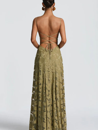 Floral Appliqué Cowl Neck Lace-Up Back Maxi Dress in olive green, dresses on sale