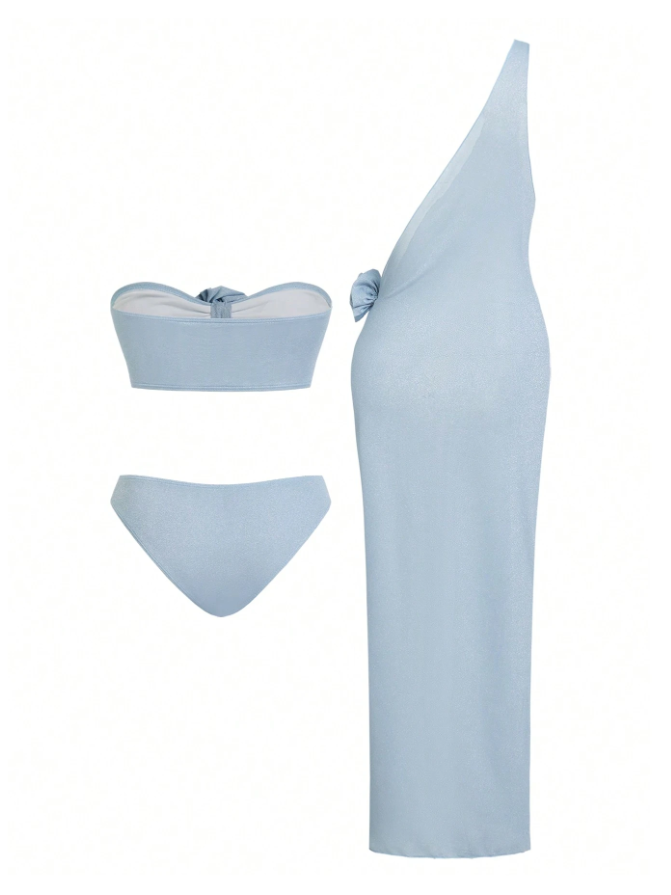 Ice blue 3-piece bandeau swim set: knot-front top, matching bottom, and a one-shoulder cover-up dress with knot.