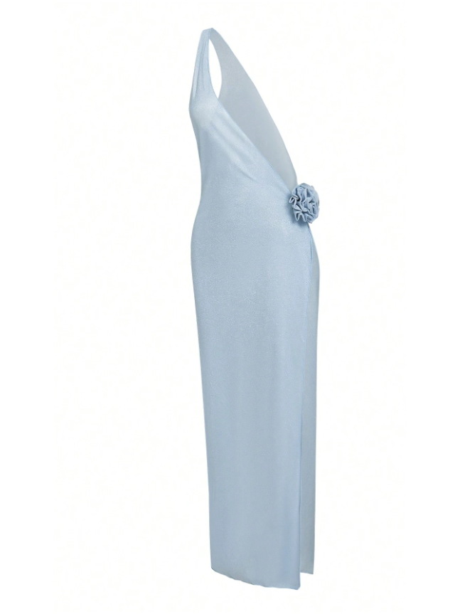 Ice blue one-shoulder long cover-up dress with a fabric flower at the waist.