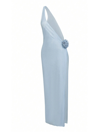 Ice blue one-shoulder long cover-up dress with a fabric flower at the waist.