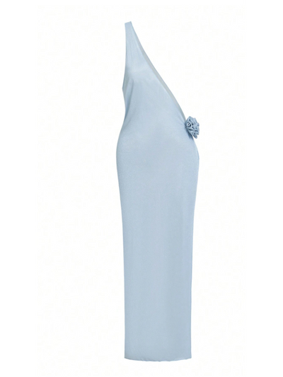 Ice blue one-shoulder maxi cover-up with a fabric flower rosette at the side.