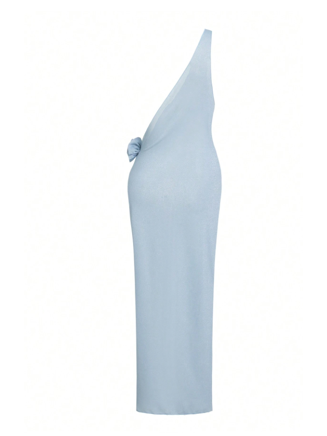 Ice blue one-shoulder maxi cover-up dress with a knot at the bust on smooth fabric.