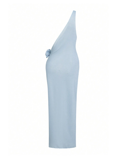 Ice blue one-shoulder maxi cover-up dress with a knot at the bust on smooth fabric.