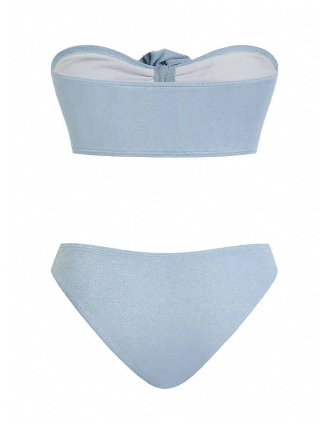Ice-blue shimmering bandeau bikini top with a front twist knot and a matching bikini bottom.