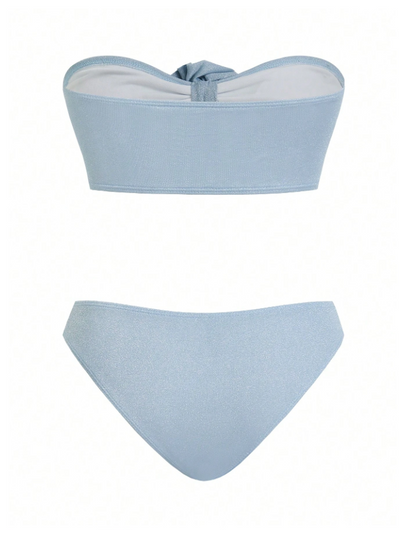 Ice-blue shimmering bandeau bikini top with a front twist knot and a matching bikini bottom.