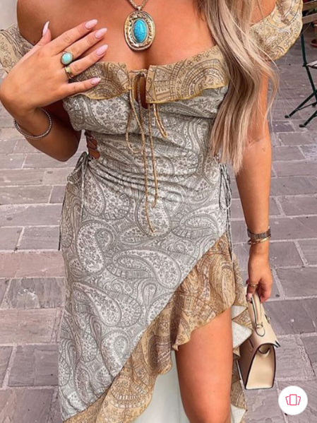 Off-shoulder paisley maxi dress with ruffle neckline and front tie, high-low hem; worn with turquoise jewelry.