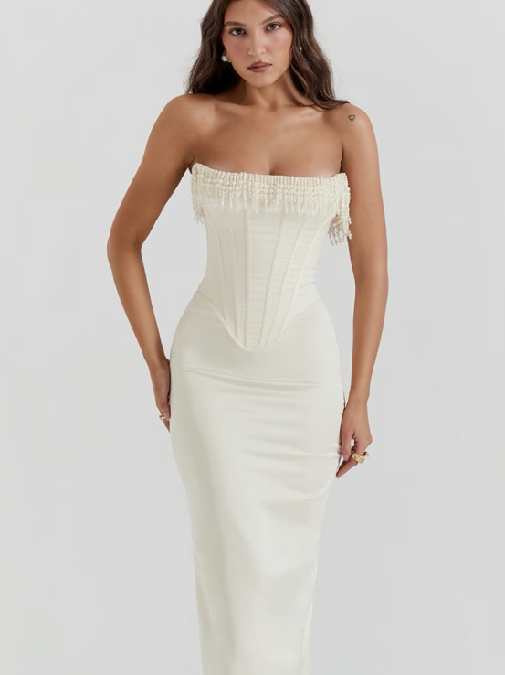 Ivory strapless corset midi dress with pearl fringe along the neckline and a structured boned bodice.