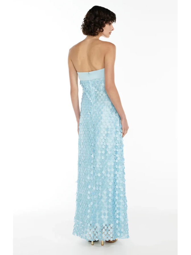 Back view of light blue mermaid strapless sequin tube maxi dress on a model; circular disk sequins create a scale look.