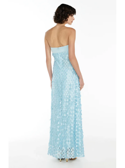 Back view of light blue mermaid strapless sequin tube maxi dress on a model; circular disk sequins create a scale look.