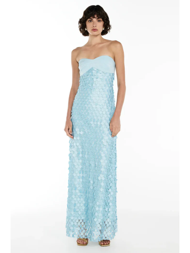 Light blue strapless tube maxi dress covered in large circular sequins.