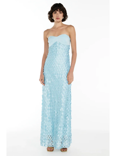 Light blue strapless tube maxi dress covered in large circular sequins.