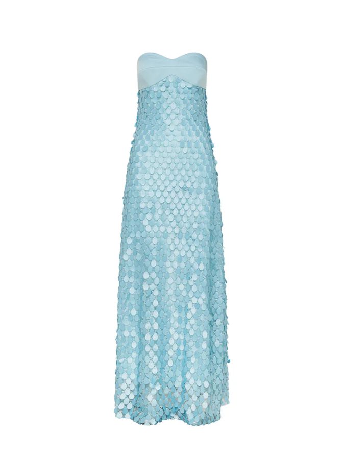 Light blue mermaid-style maxi dress with round sequins across the length and a strapless pale blue bodice.
