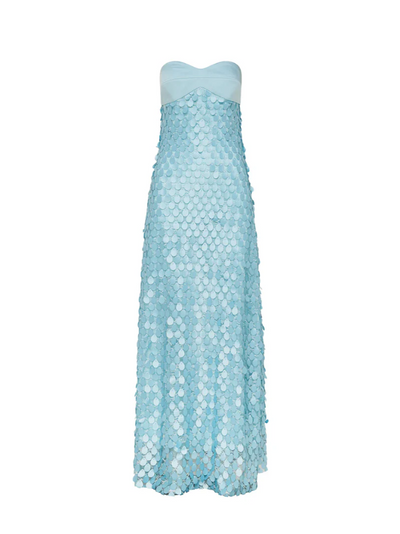 Light blue mermaid-style maxi dress with round sequins across the length and a strapless pale blue bodice.