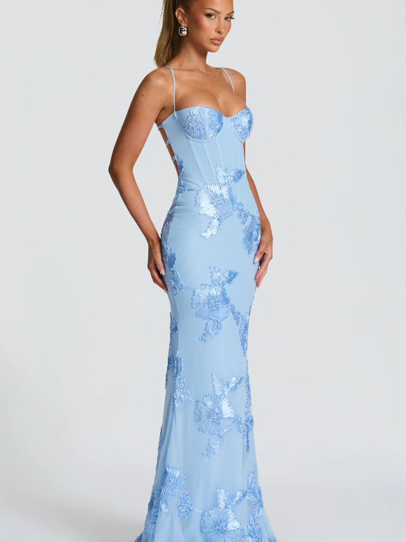 Light blue floral jacquard mermaid maxi dress with corset bodice and slim straps, embroidered floral appliqué along.