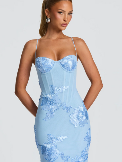 Light blue floral jacquard corset mermaid maxi dress with thin straps and 3D flower embroidery.