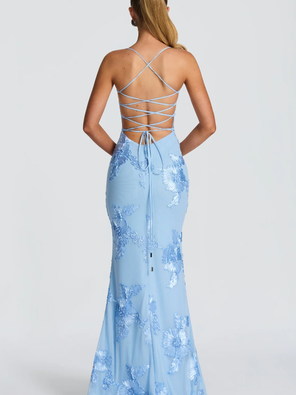 Powder blue floral jacquard mermaid maxi dress with corset-back, crisscross straps and lace-tie at mid-back.