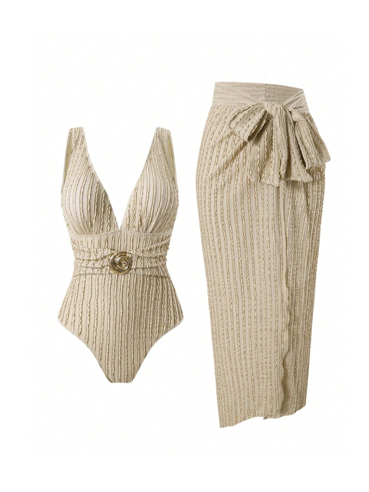 Textured Plunge Bikini & Wrap Sarong Skirt Swimsuit Set