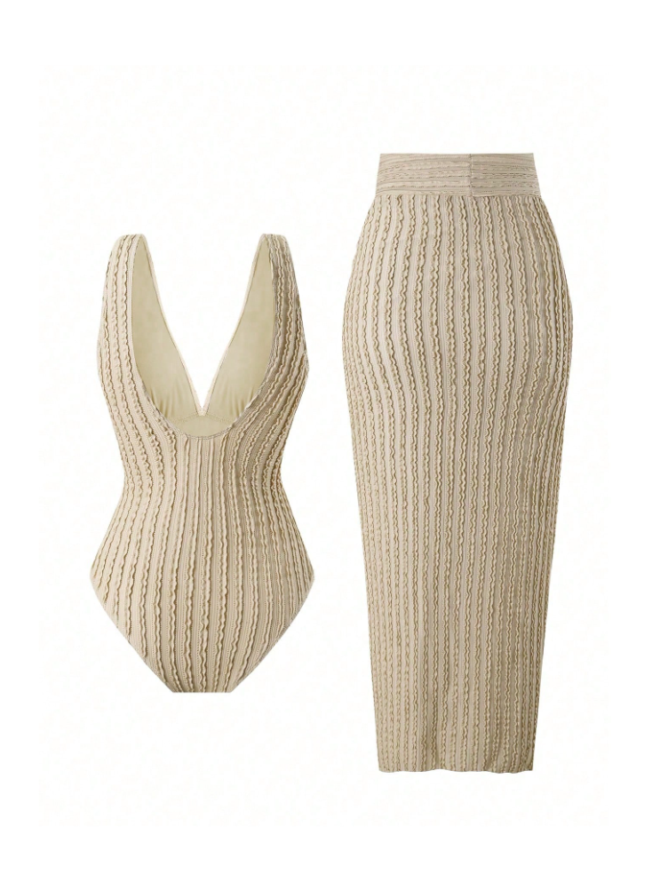 Textured Plunge Bikini & Wrap Sarong Skirt Swimsuit Set