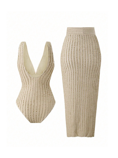 Textured Plunge Bikini & Wrap Sarong Skirt Swimsuit Set
