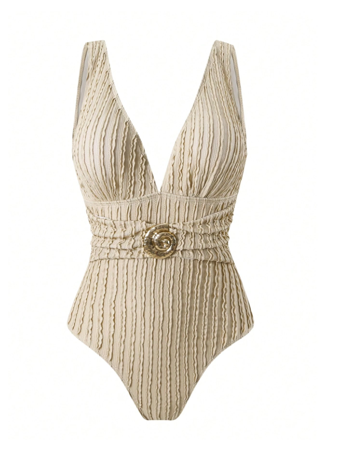 Textured Plunge Bikini & Wrap Sarong Skirt Swimsuit Set