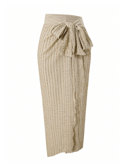 Textured Plunge Bikini & Wrap Sarong Skirt Swimsuit Set