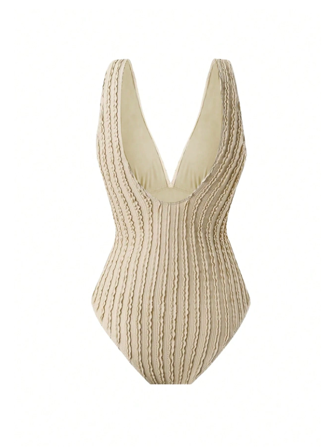 Textured Plunge Bikini & Wrap Sarong Skirt Swimsuit Set